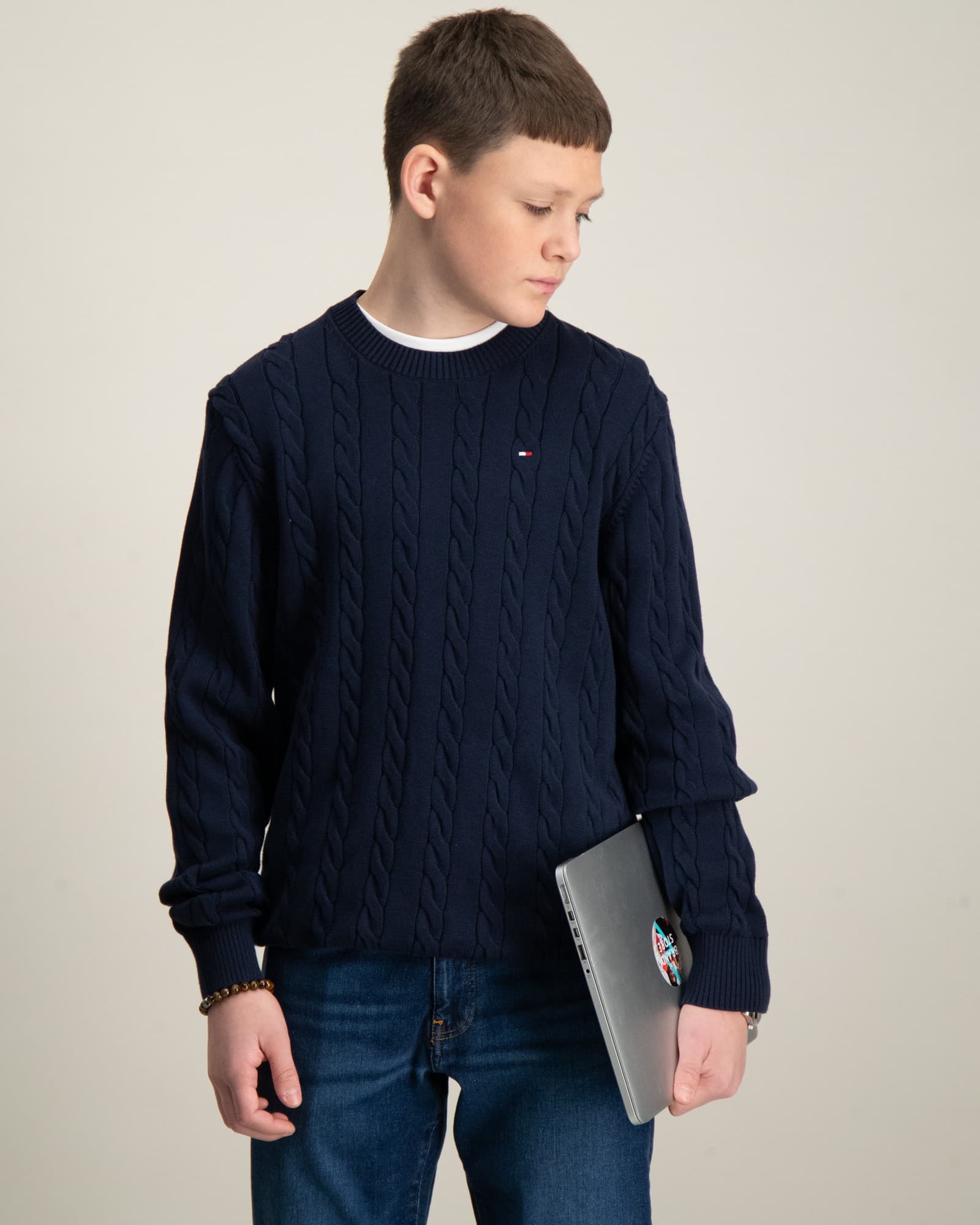 CREW NECK COTTON CABLE SWEATER