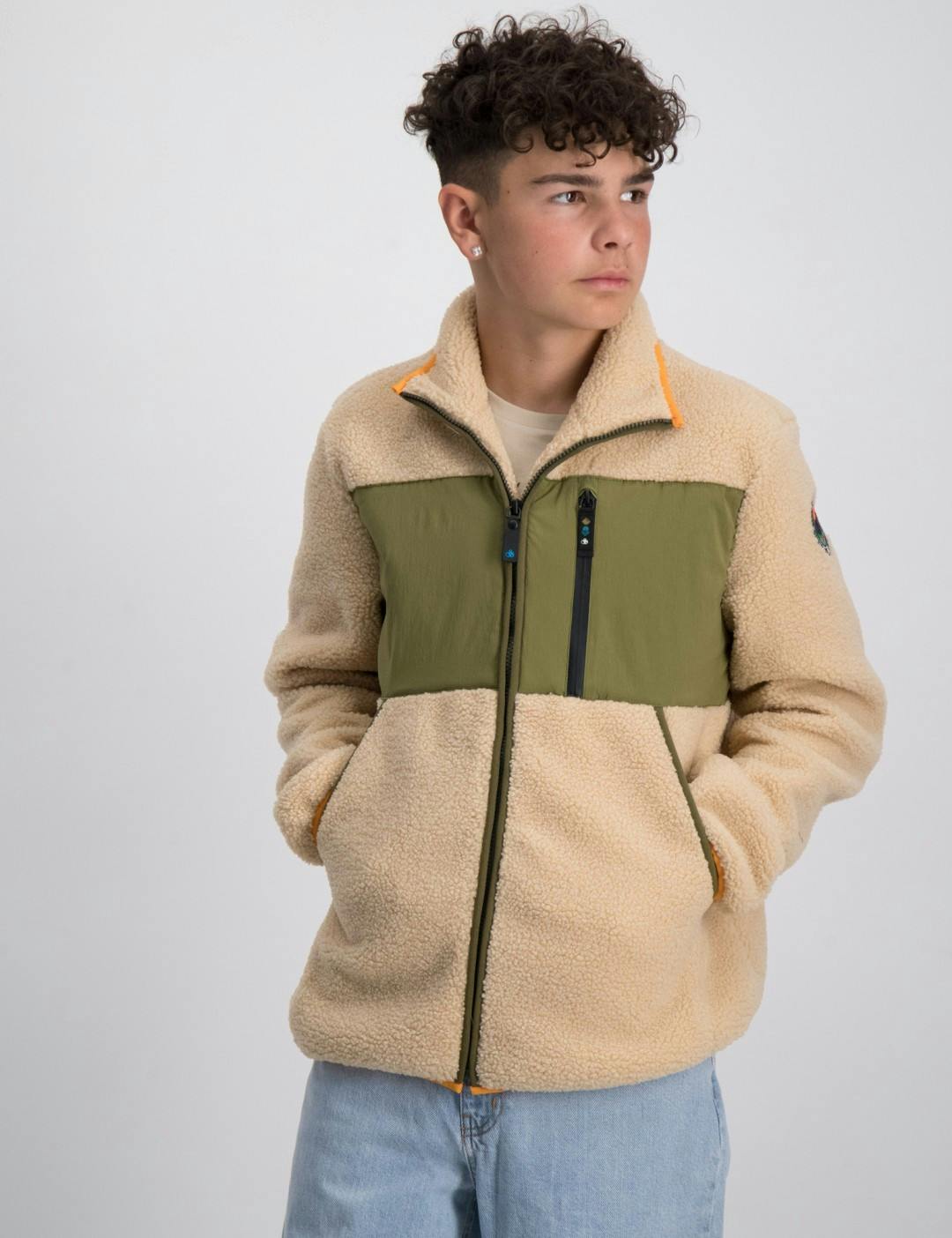 Contrast nylon detail zip-through teddy jacket