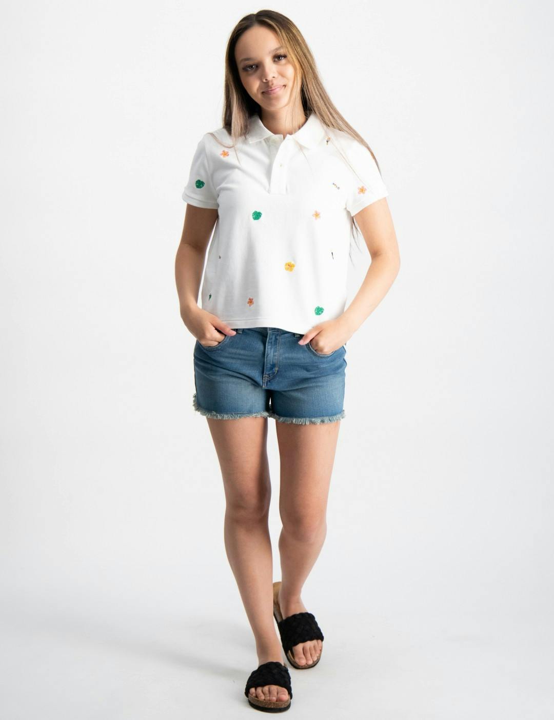 Tropical-Embroidery Mesh Boxy Polo Shirt