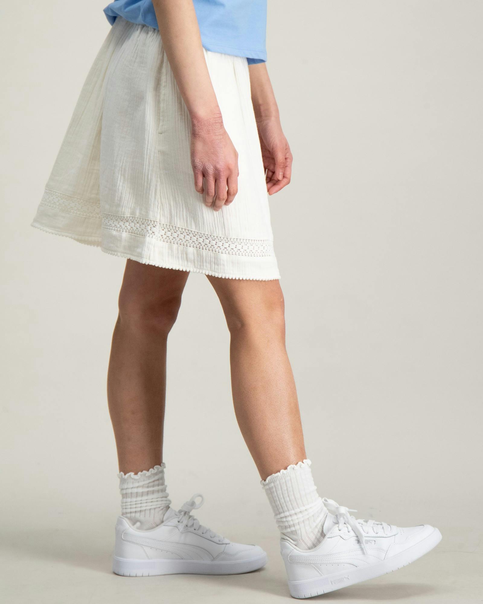 Lace detail crinkle cotton mini skirt